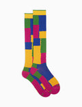 Calze lunghe donna cotone caldo fucsia fantasia blocchi di colore