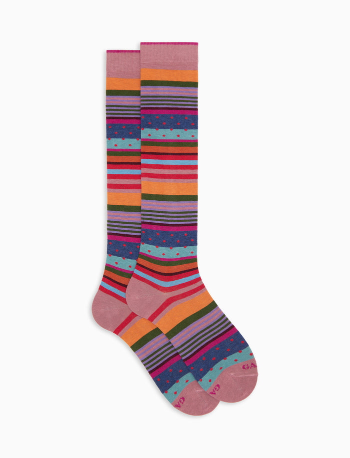 Calze lunghe donna cotone caldo rosa fantasia mix righe e pois