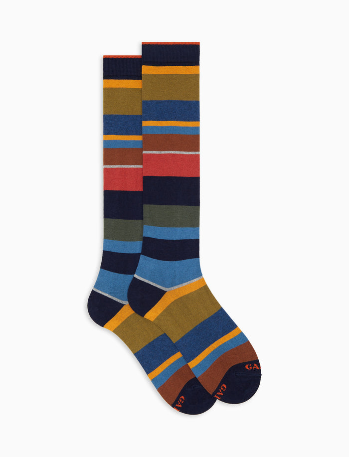 Calze lunghe donna cotone e cashmere blu righe multicolor macro - Gallo 1927 - Official Online Shop
