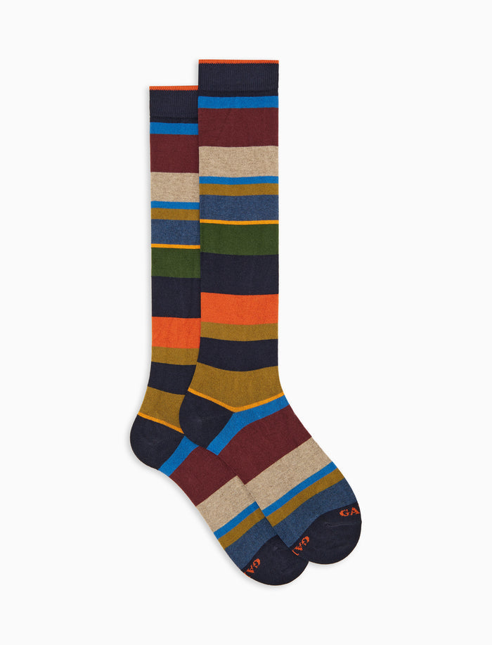 Calze lunghe donna cotone e cashmere blu righe multicolor macro