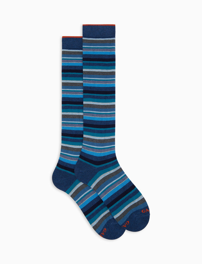 Calze lunghe donna cotone e cashmere blu righe multicolor micro - Gallo 1927 - Official Online Shop