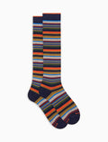 Calze lunghe donna cotone e cashmere blu righe multicolor micro