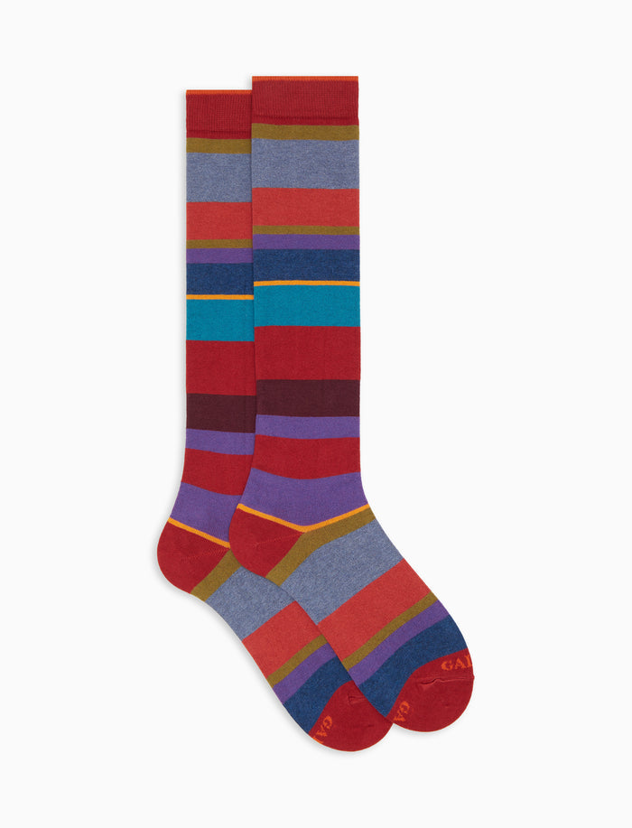 Calze lunghe donna cotone e cashmere rosso righe multicolor macro - Gallo 1927 - Official Online Shop