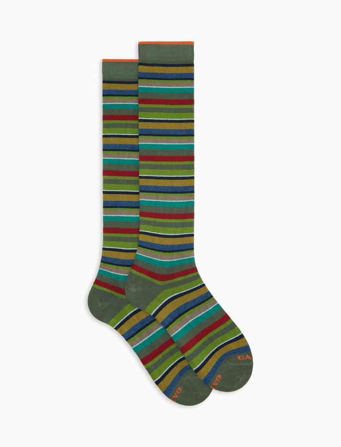 Calze lunghe donna cotone e cashmere verdi righe multicolor micro