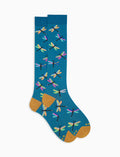 Calze lunghe donna cotone fantasia libellule su fondo color pavone - Gallo 1927 - Official Online Shop