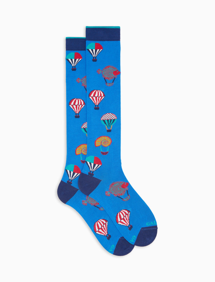 Calze lunghe donna cotone fantasia mongolfiere su fondo azzurro - Gallo 1927 - Official Online Shop