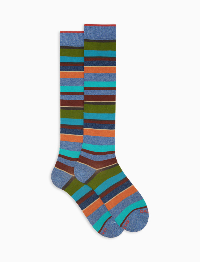 Calze lunghe donna cotone righe multicolor azzurro - Gallo 1927 - Official Online Shop