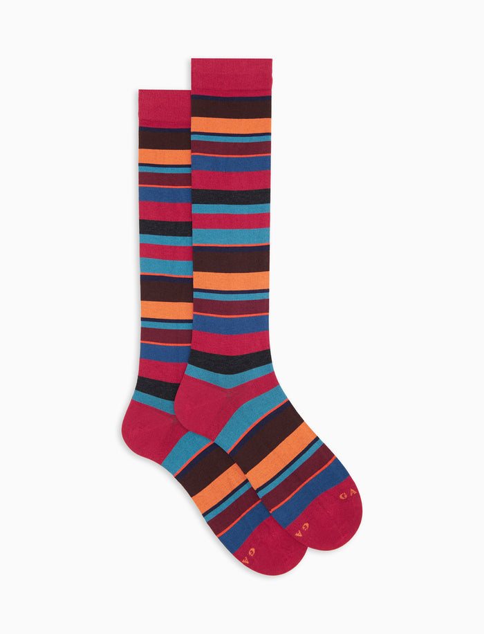 Calze lunghe donna cotone leggero rosse righe multicolor