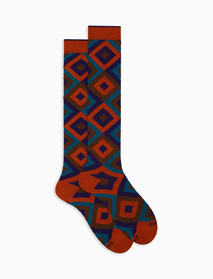 Calze lunghe uomo cotone arancio fantasia rombi concentrici - Gallo 1927 - Official Online Shop