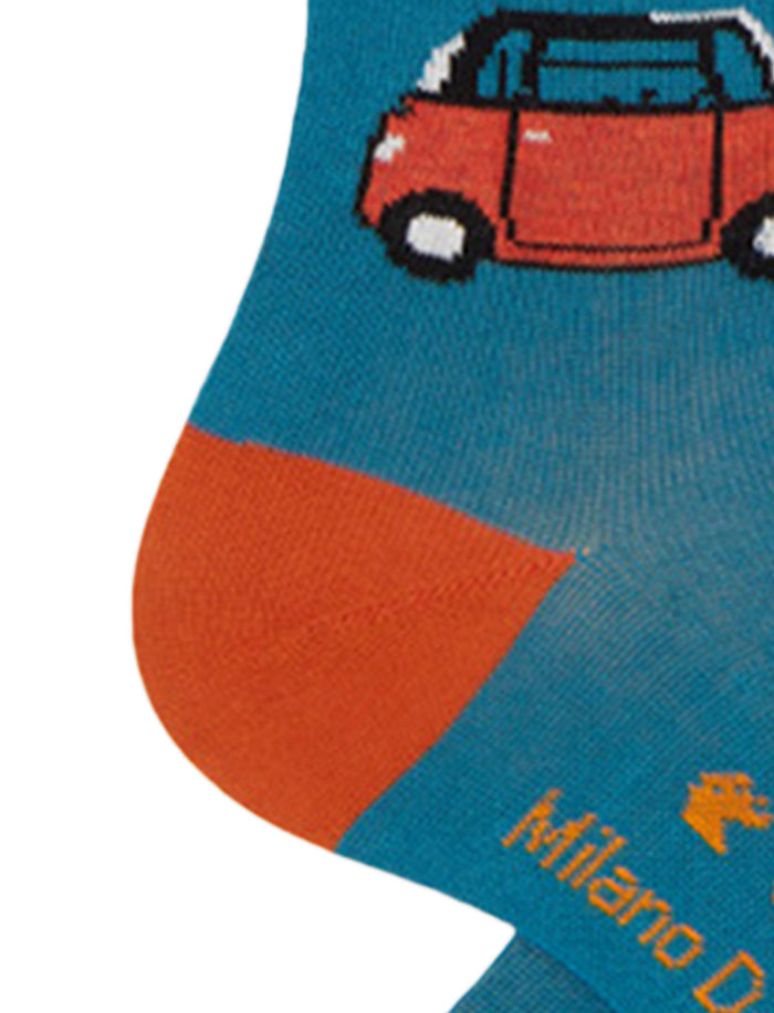 Calze lunghe uomo cotone azzurro con righe multicolor e Fiat Topolino