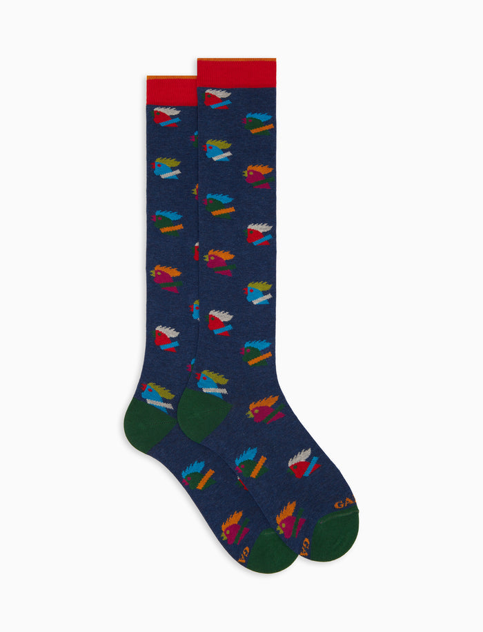 Calze lunghe uomo cotone blu fantasia galli multicolore - Gallo 1927 - Official Online Shop