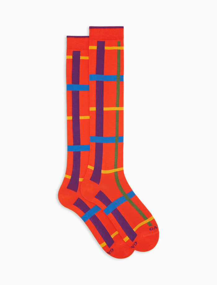 Calze lunghe uomo cotone caldo arancio fantasia tartan geometrico