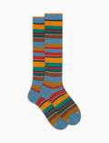 Calze lunghe uomo cotone caldo azzurre righe multicolor