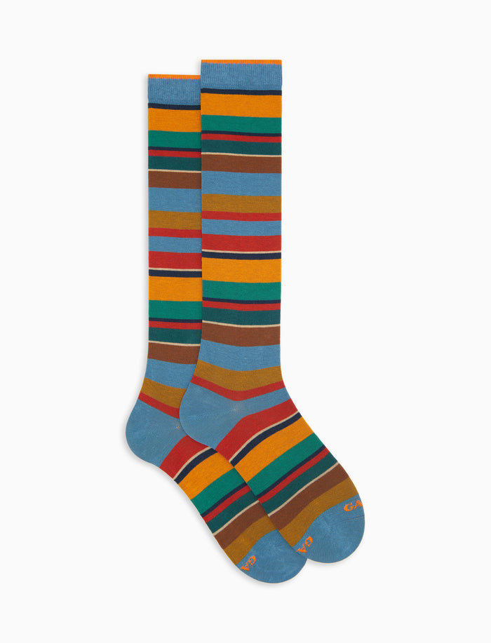 Calze lunghe uomo cotone caldo azzurre righe multicolor