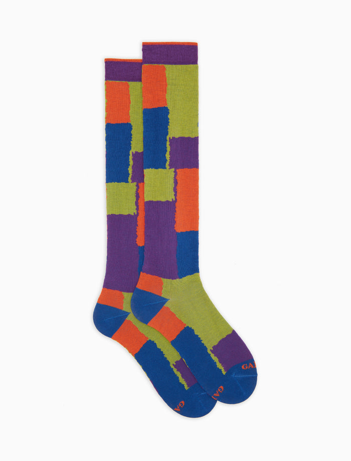 Calze lunghe uomo cotone caldo blu fantasia blocchi di colore