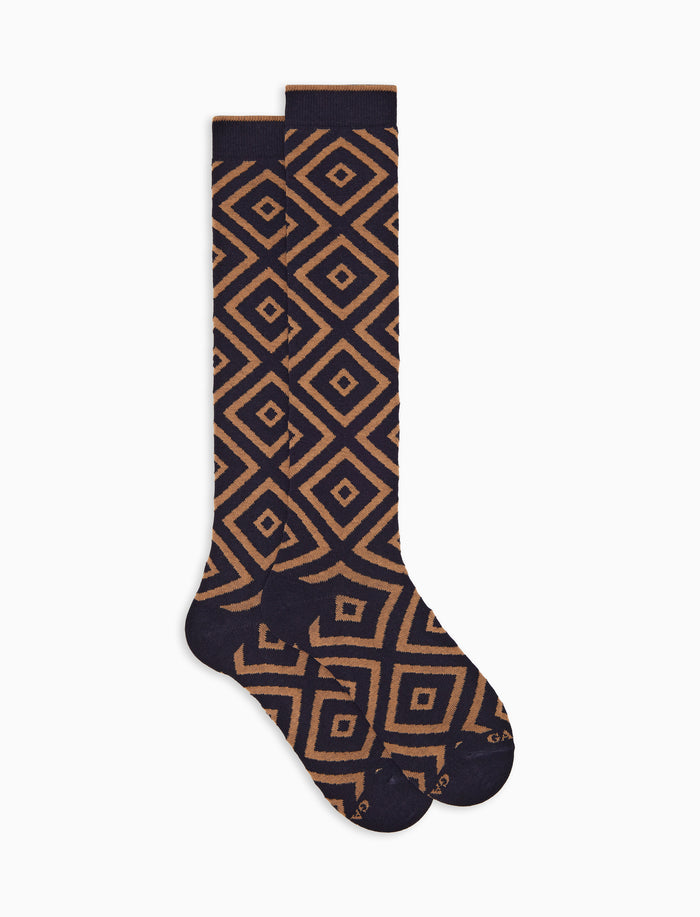 Calze lunghe uomo cotone caldo blu fantasia geometrica a due colori