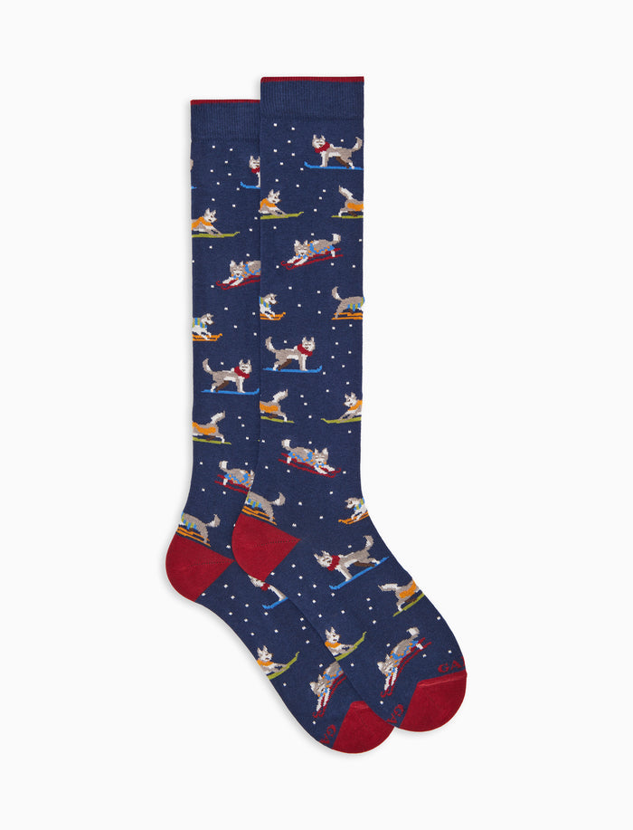 Calze lunghe uomo cotone caldo blu fantasia husky sulla neve