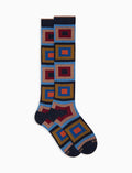Calze lunghe uomo cotone caldo blu fantasia quadri concentrici