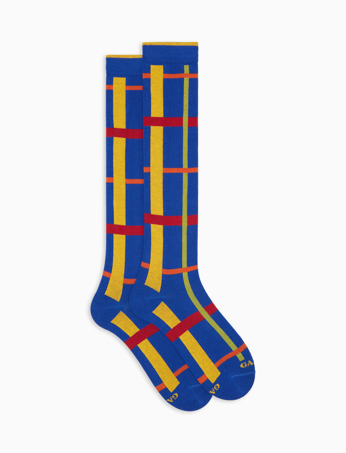 Calze lunghe uomo cotone caldo blu fantasia tartan geometrico
