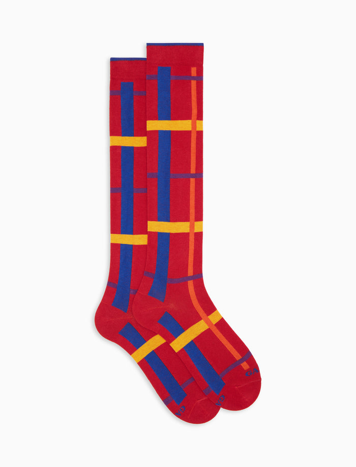 Calze lunghe uomo cotone caldo rosse fantasia tartan geometrico