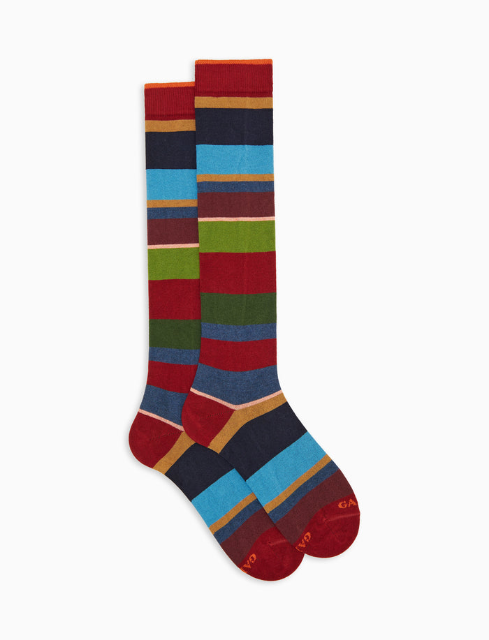 Calze lunghe uomo cotone e cashmere bordò righe multicolor macro