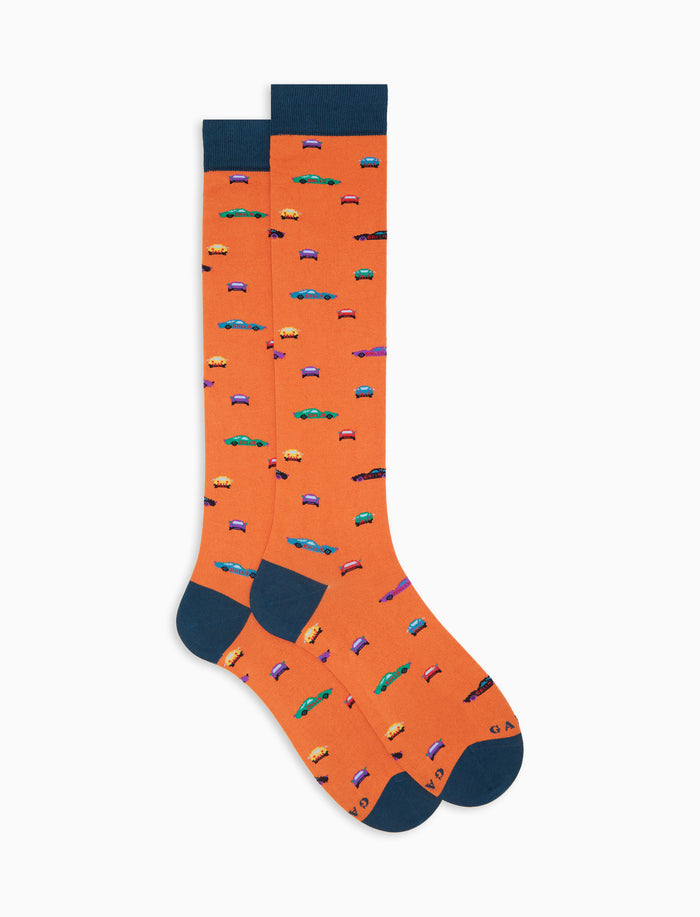 Calze lunghe uomo cotone leggero arancio fantasia macchinine