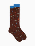 Calze lunghe uomo cotone leggero marroni fantasia gatti