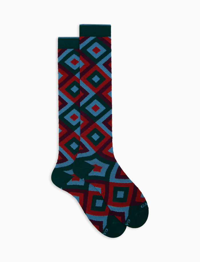 Calze lunghe uomo cotone verde fantasia rombi concentrici - Gallo 1927 - Official Online Shop