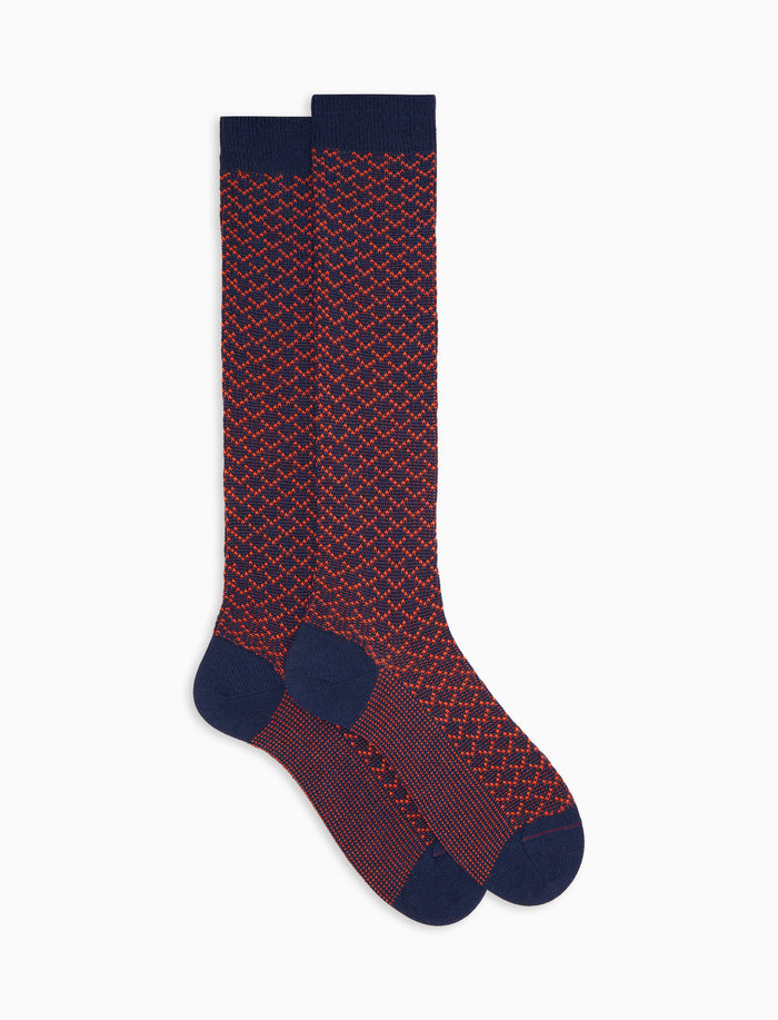 Calze lunghe uomo lana, seta e cashmere blu fantasia geometria