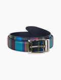 Cintura accorciabile e reversibile unisex pelle martellata blu righe multicolor