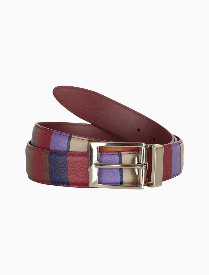 Cintura accorciabile e reversibile unisex pelle martellata bordò righe multicolor - Gallo 1927 - Official Online Shop