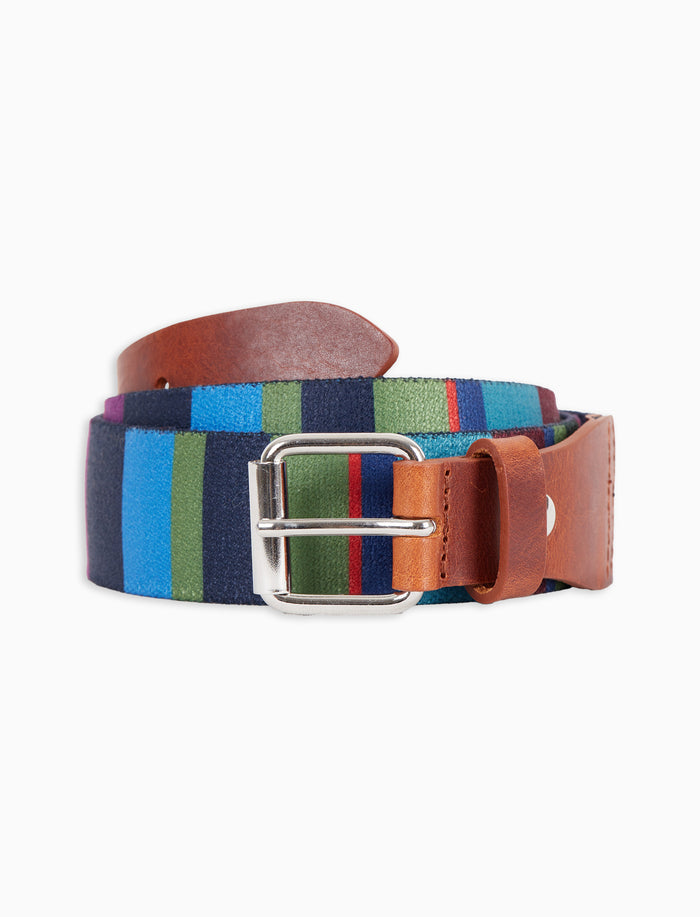 Cintura nastro elastica unisex blu righe multicolor con inserti in pelle