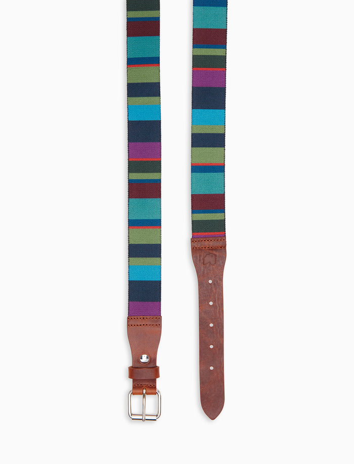 Cintura nastro elastica unisex blu righe multicolor con inserti in pelle