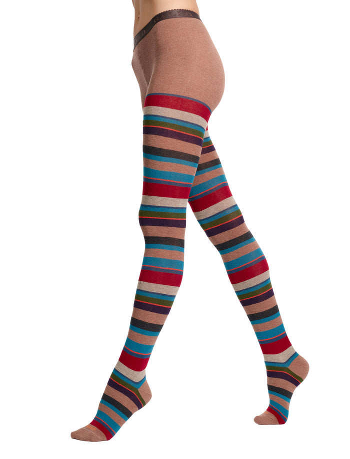 Collant donna cotone caldo beige righe multicolor