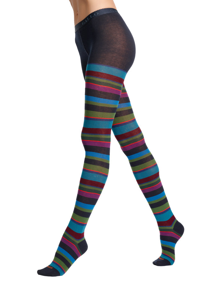 Collant donna cotone caldo blu righe multicolor