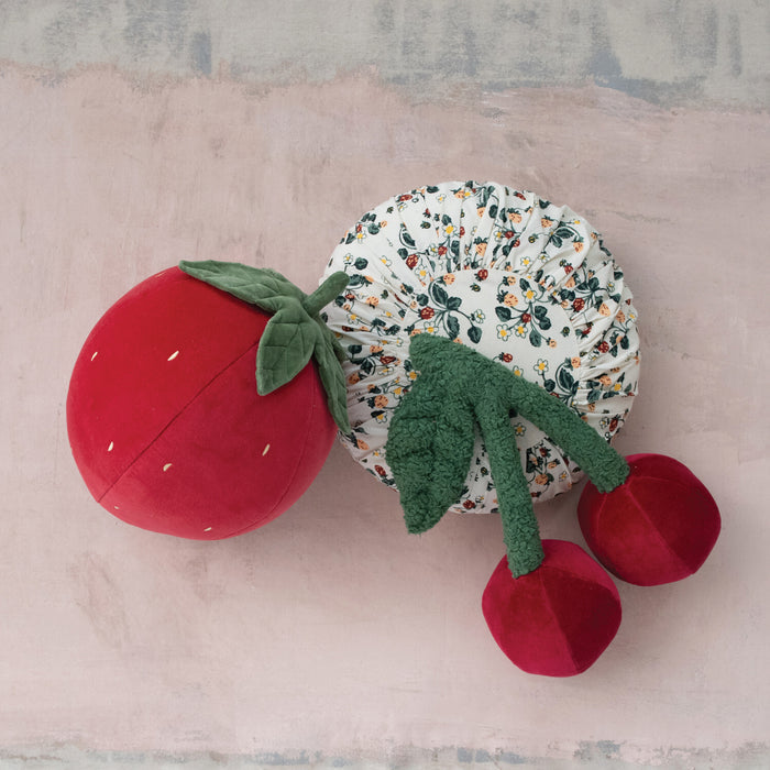 Cotton Velvet Cherry Shaped Pillow w/ Faux Sherpa Stem