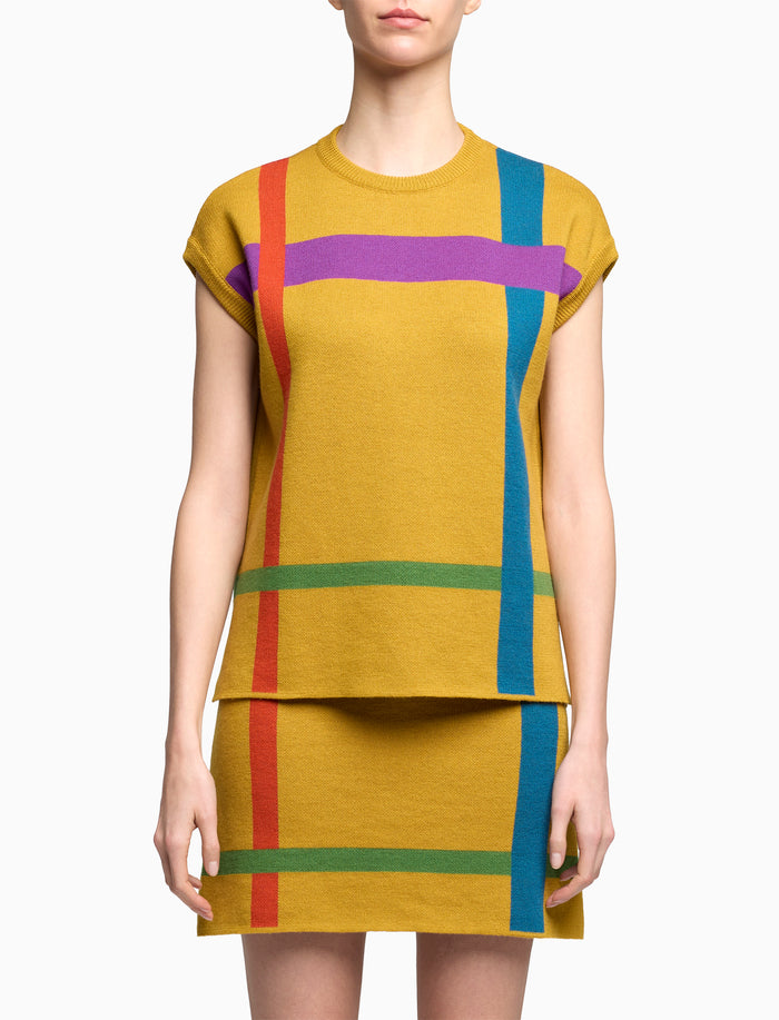 Gilet donna lavorazione jacquard lana giallo fantasia tartan