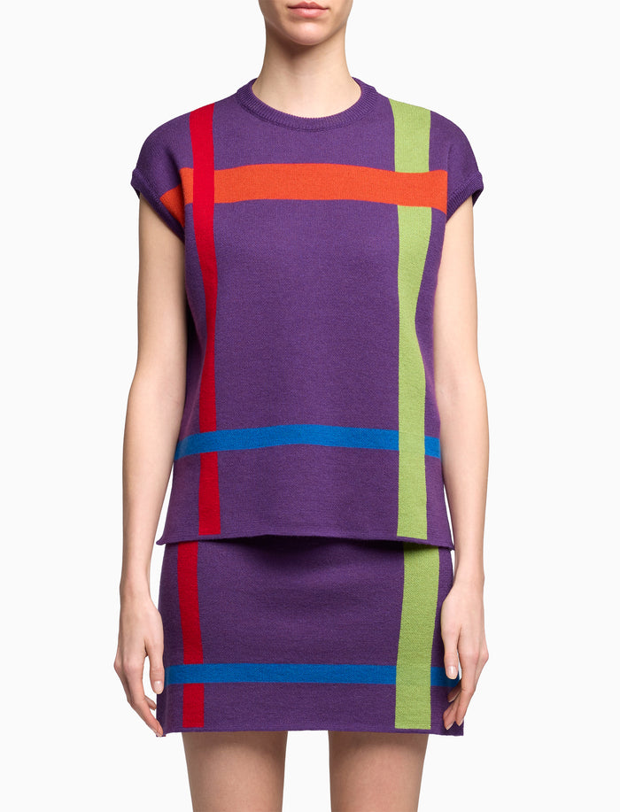 Gilet donna lavorazione jacquard lana viola fantasia tartan
