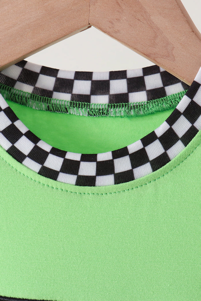 Green car embroidery checkered romper