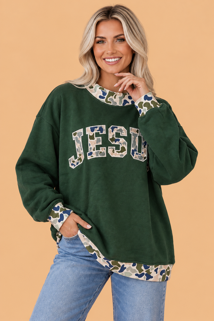 JESUS/MALLARD Letter Print Contrast Mock Neck Sweatshirt