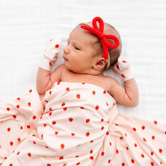 junie strawberry print headband bundle. No scratch mittens with cherry crochet bow.