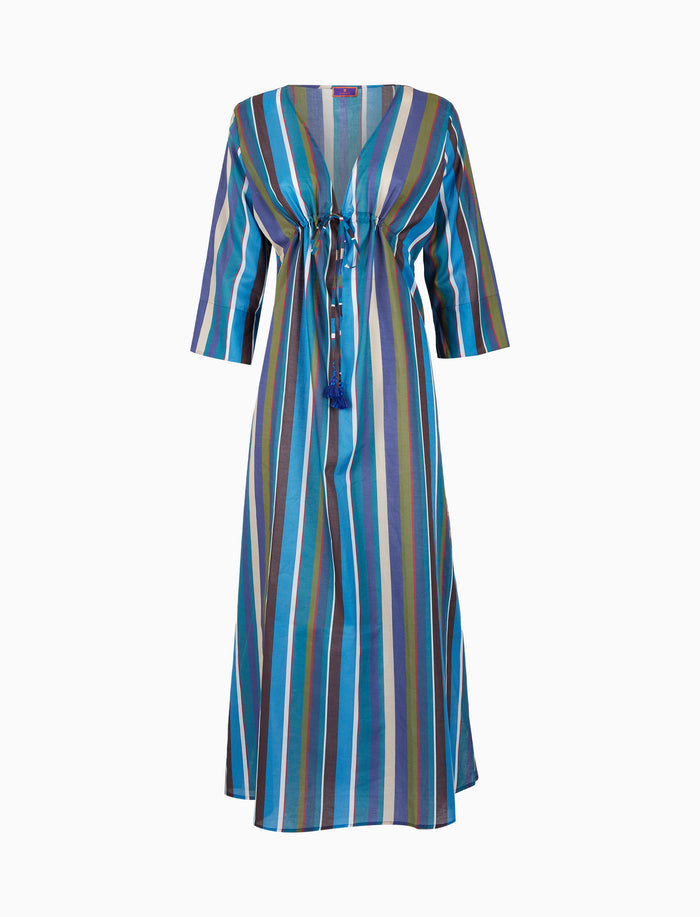Kaftano lungo donna cotone righe multicolor verticali blu - Gallo 1927 - Official Online Shop