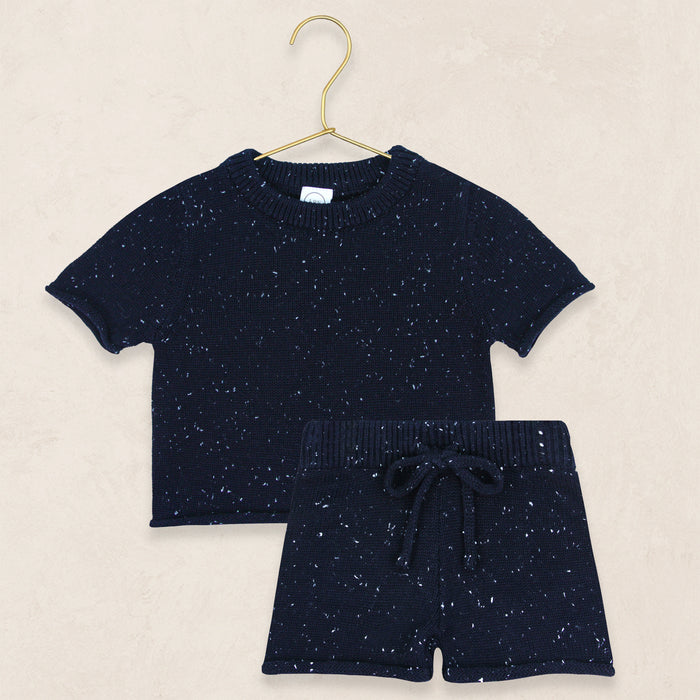 Knit Shirt + Short Set - Navy Speckle