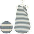 Blue and white striped baby sleeping bag on a hanger with close-up detail.