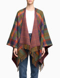 Mantella con frange reversibile donna lana verde fantasia tartan e window pane