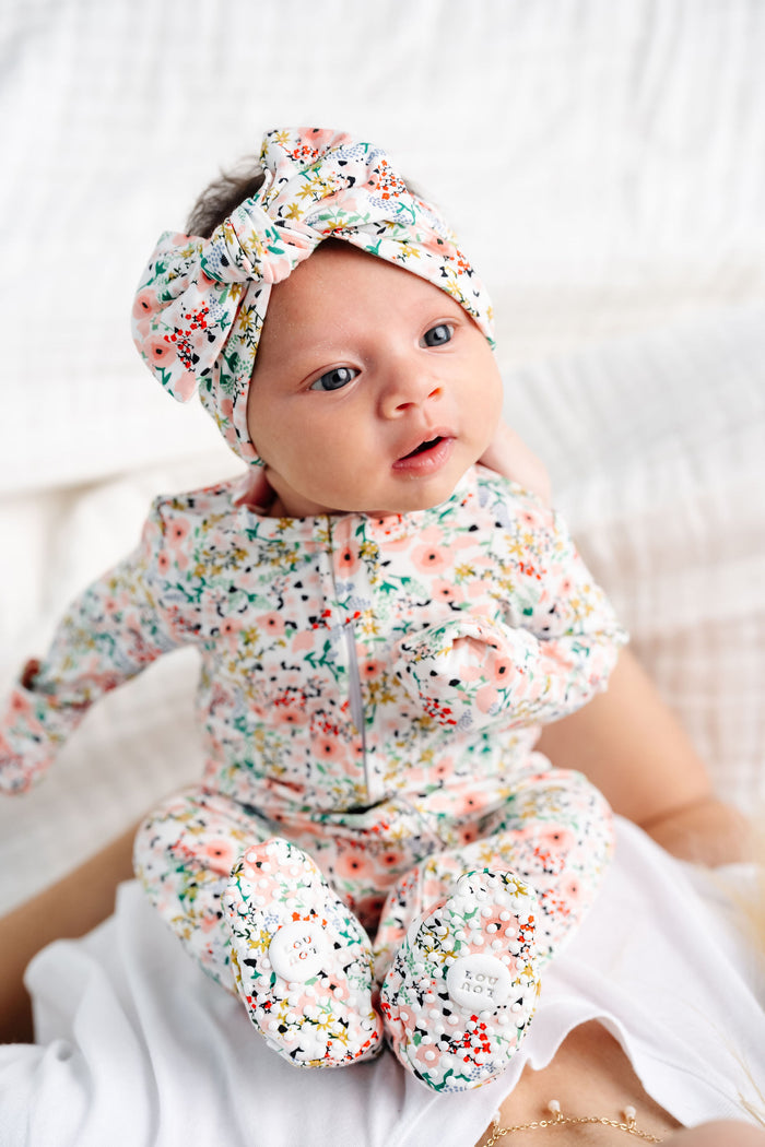 Millie Zipper Footies newborn girl with matching millie headband