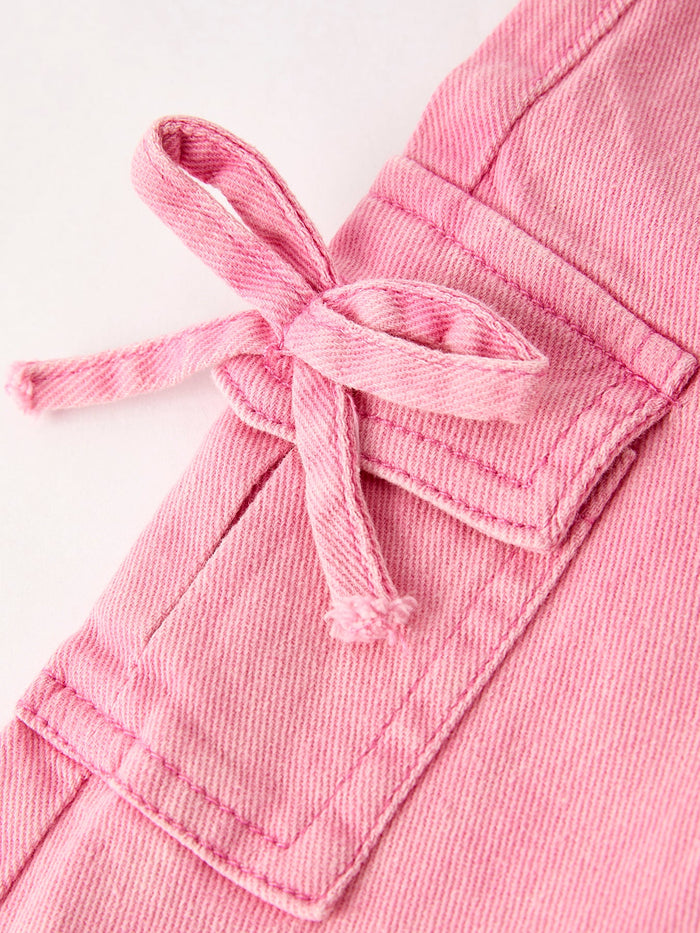 Pink Bell Bottom Jeans – Frayed Hem with Cargo Pockets