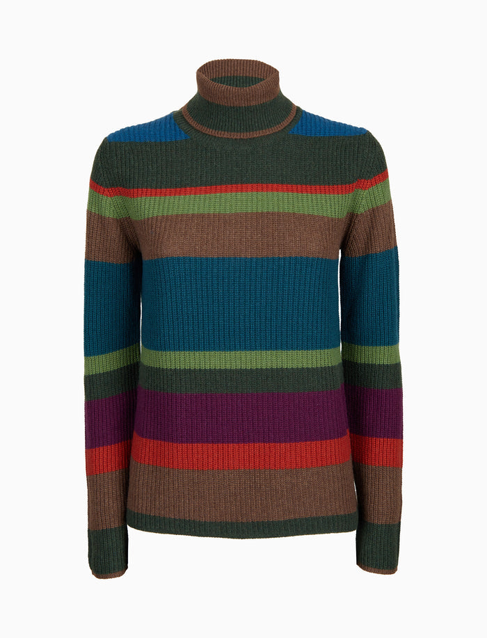 Pull dolcevita donna lana, viscosa e cashmere verde a coste righe multicolor - Gallo 1927 - Official Online Shop