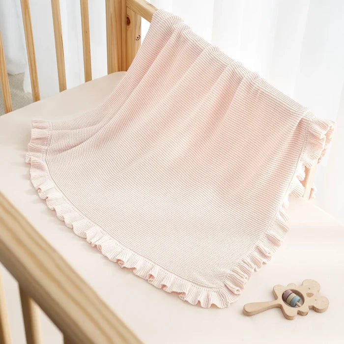 Ruffled Edge Knit Baby Blanket in Beige