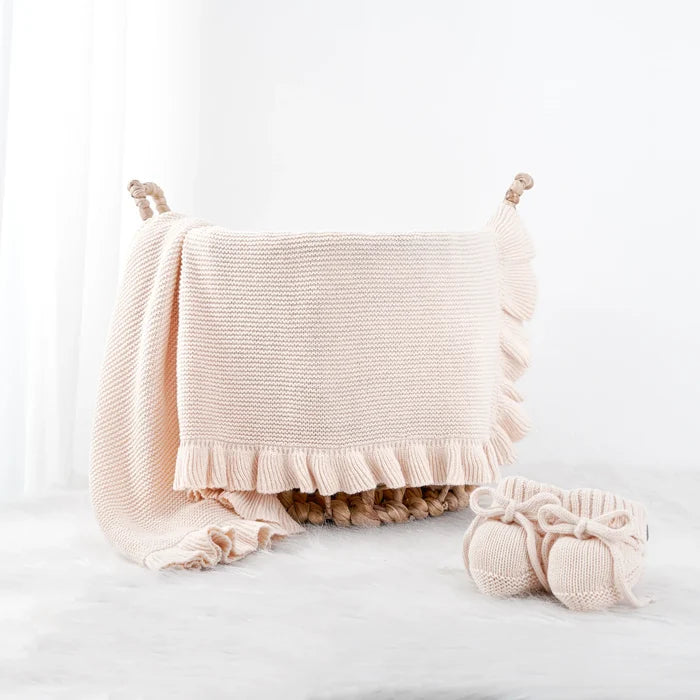 Ruffled Edge Knit Baby Blanket in Beige